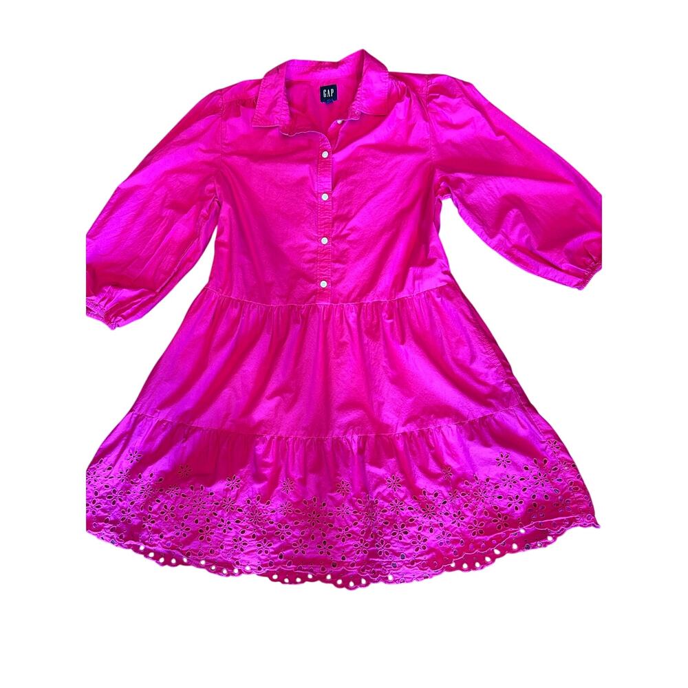 GAP Women’s M Hot Pink Eyelet Hem Tunic Dress 3/4 Sleeve Button Front Cotton - Picture 2 of 7